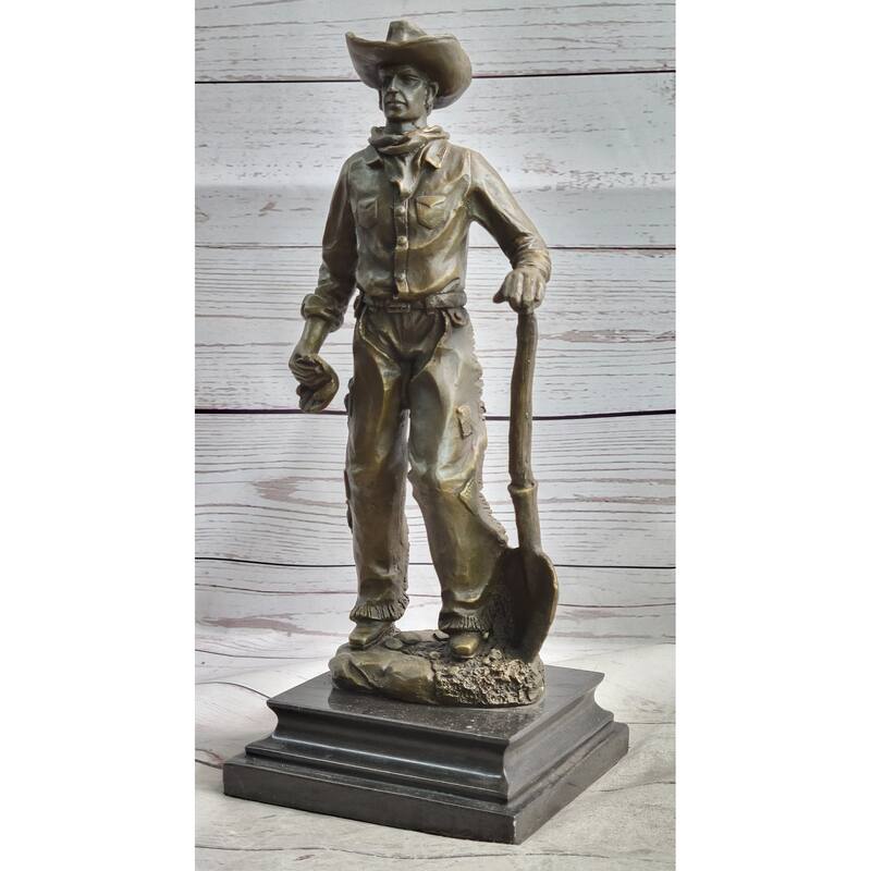Cowboy In Chaps Holding Shovel Bronze Statue Sculpture Figure Country Western 12 Inches X 5 Inches