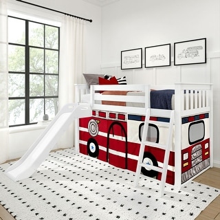 Twin Over Twin Low Bunk Bed with Slide & Firetruck Curtain
