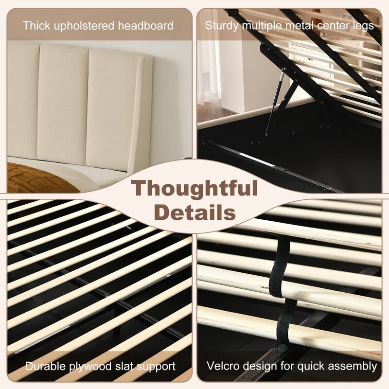 Linen Wingback Hydraulic Lift Up Storage Upholstered Platform Bed