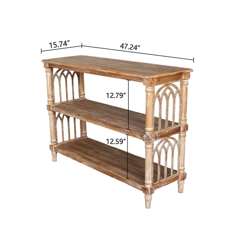 Rustic 3 - Tier Console Table with Gothic - Inspired Details, 47.24" Long Wooden Entryway Table for Living Room and Hallway