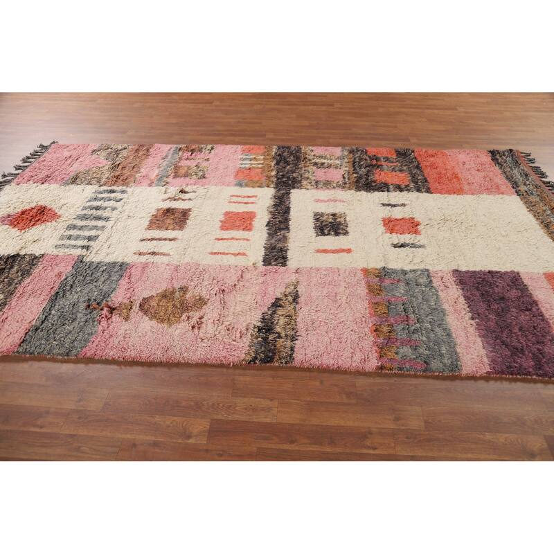 Geometric Plush Moroccan Oriental Area Rug Handmade Beige Wool Carpet - 5'11" x 10'1"