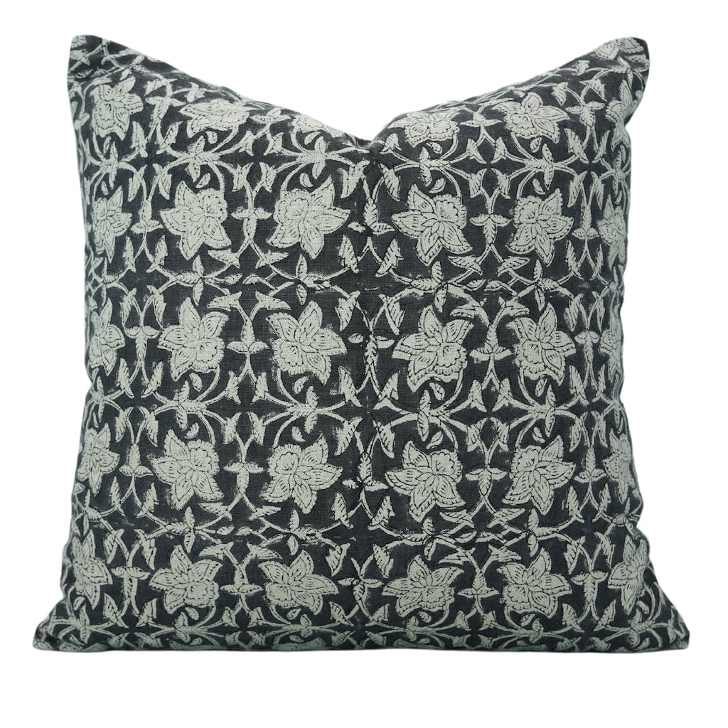 Fabdivine Soft Pure Linen Black Floral Block Print Handmade Cushion Cover, Chudamani