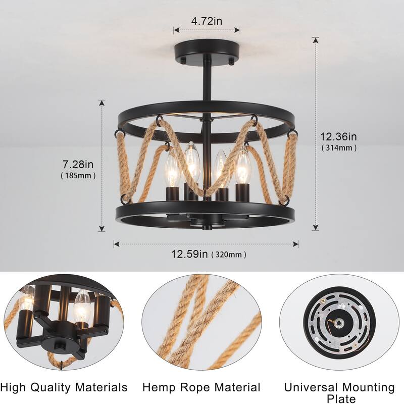 4-Light Hemp Rope Semi- Flush Mount with No Bulbs Included
