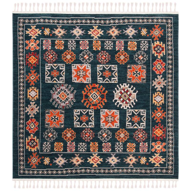 SAFAVIEH Farmhouse Sylke Boho Tribal Polyester Rug - 6'3" Square - Navy/Orange