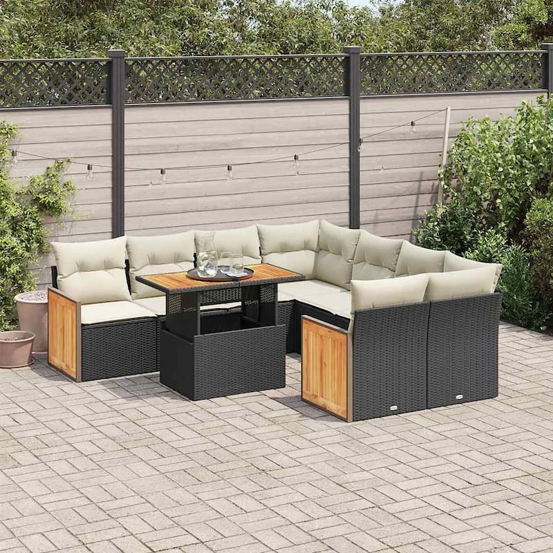vidaXL Patio Sofa Set with Cushions Outdoor Furniture 9 Piece Poly Rattan - Black and cream with storage - 27.2 x 92.1 x 90.9 in