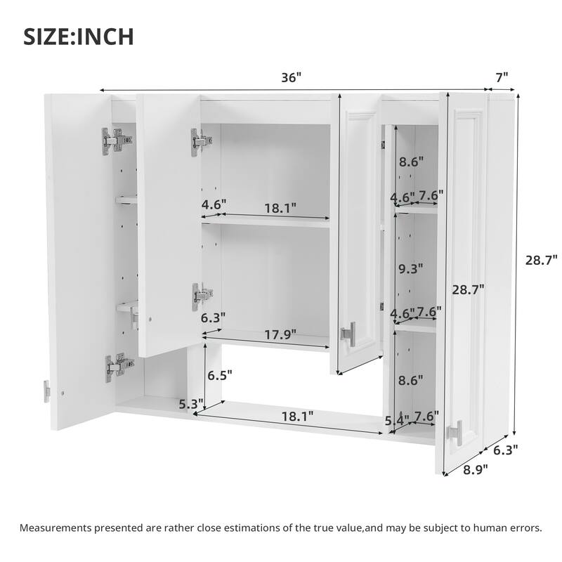 Roomfitters Wall Mounted Medicine Cabinet with 5 Adjustable Shelves, Modern Mirror Storage with Open Shelving, White