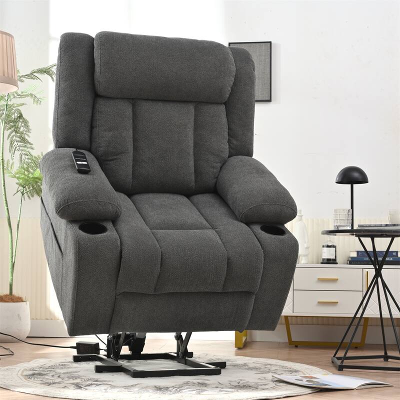 Power Lift Recliner Chair For Elderly,Fabric Lift Chairs W/ Extended Footrest With 2 Cup Holders,Side Pockets,Remote Control - Dark Gray