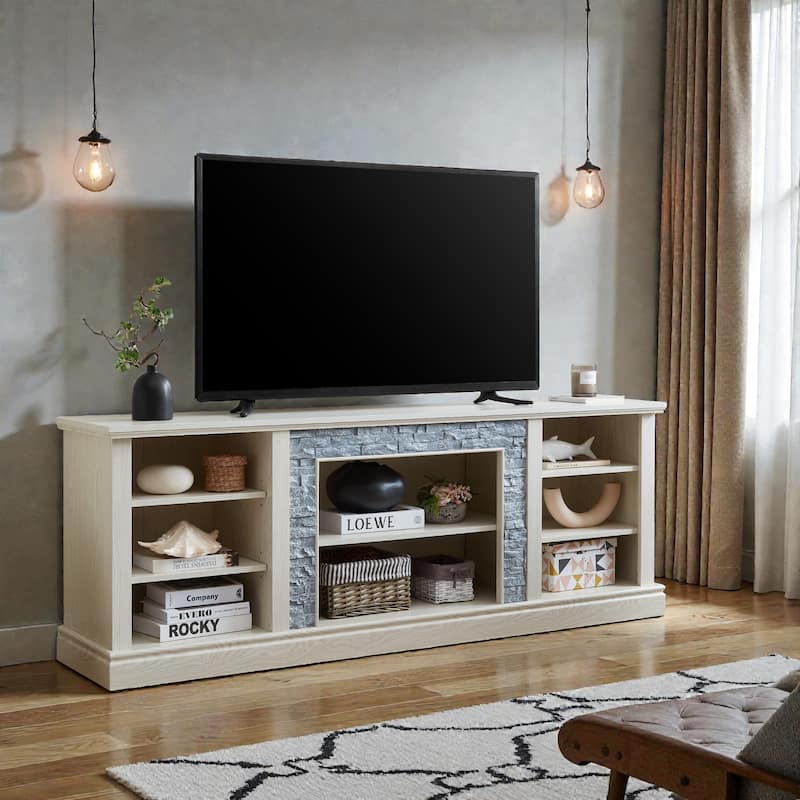 70" White Modern TV Stand with Faux Stacked Stone Surround, Large Media Console Cabinet for TVs up to 75"
