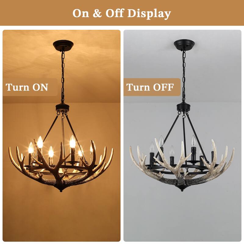 Adjustable Height 6 Lights Farmhouse Metal Frame Wagon Wheel Chandelier with Decorative Faux Antlers