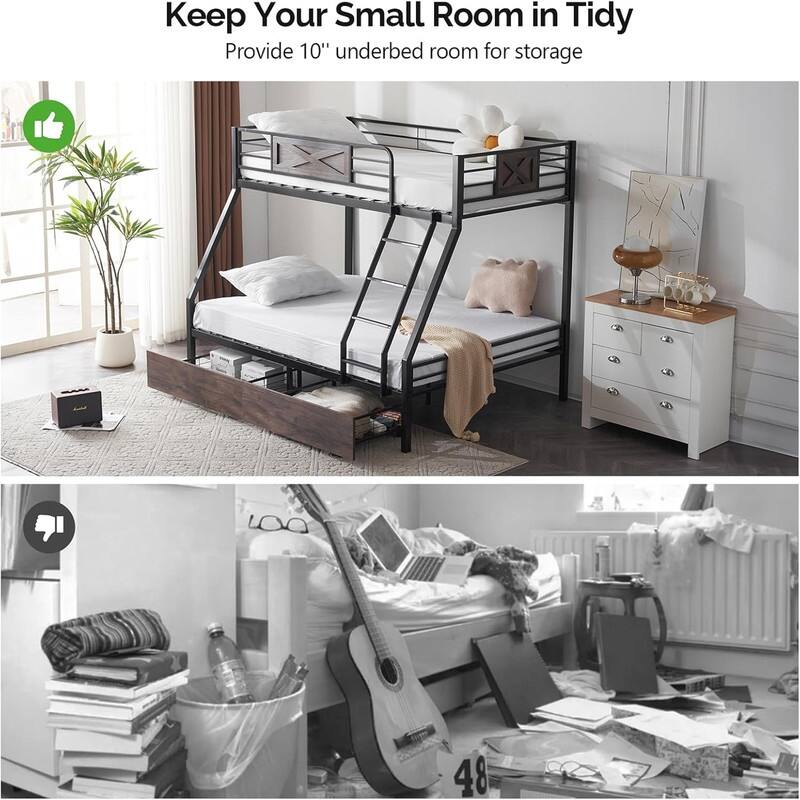 Black Iron Bunk Bed Twin Over Full with Safety Guardrail Ladder and Storage Drawers Ideal for Kids , Teens and adults