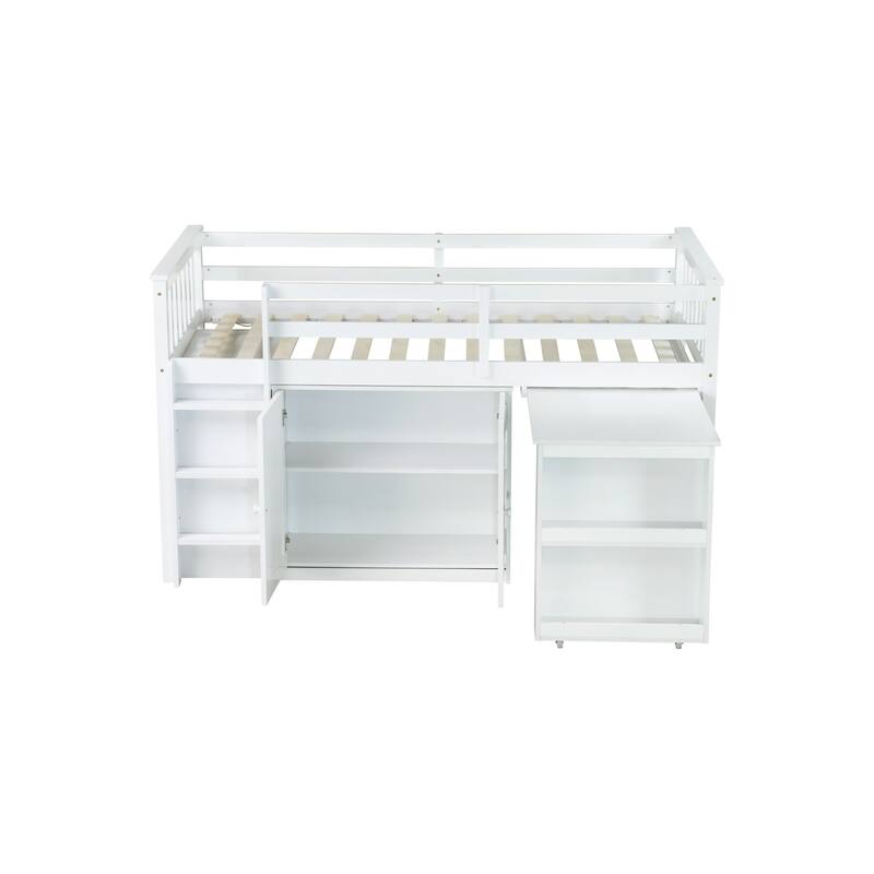 Wooden Low Loft Bed Frame, Versatile Storage Loft Bed with Shelves, Cabinet and Drawers, Rubber Wood Loftbed with Pull Out Desk