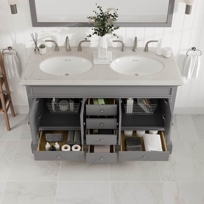 Eviva Elite Stamford 48"W x 22"D Gray Double Sink Vanity with White Carrara Quartz Vanity Top
