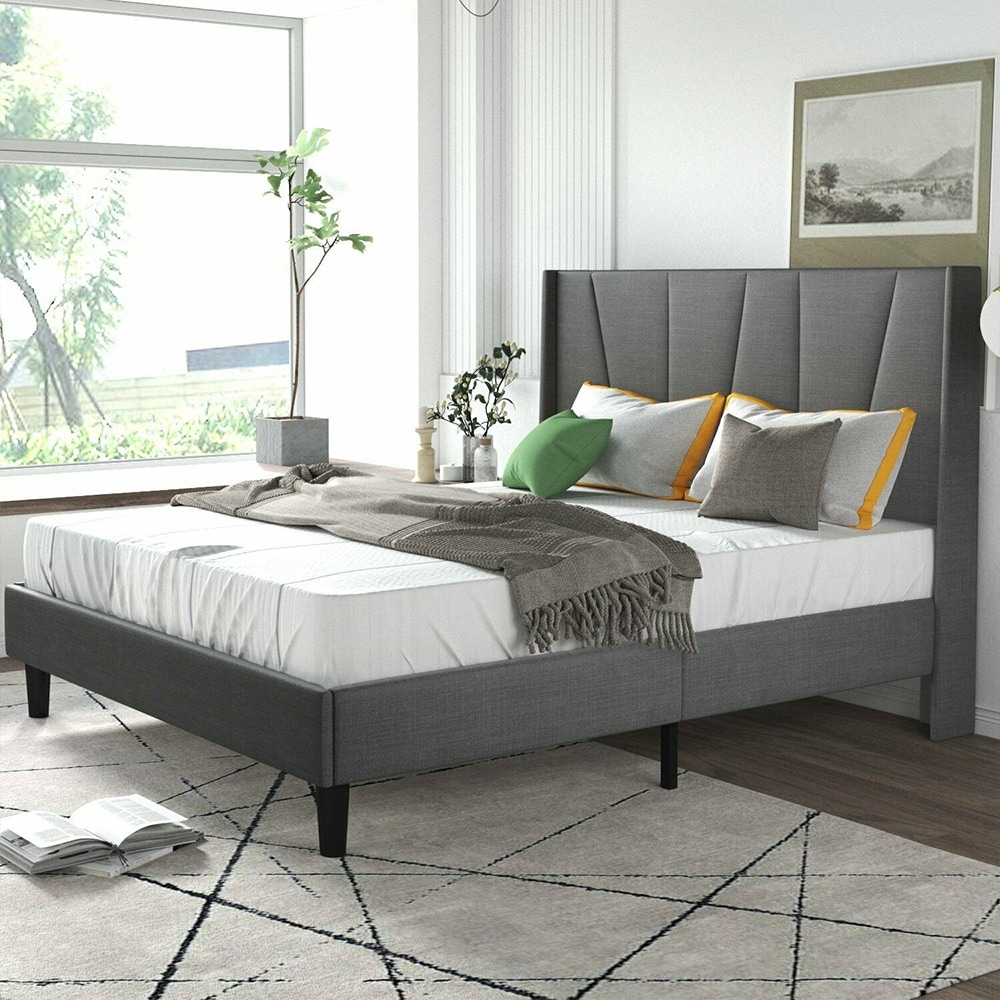 Queen Size Platform Bed Frame with Geometric Wingback, Dark Grey - Bed Bath & Beyond - 37100823