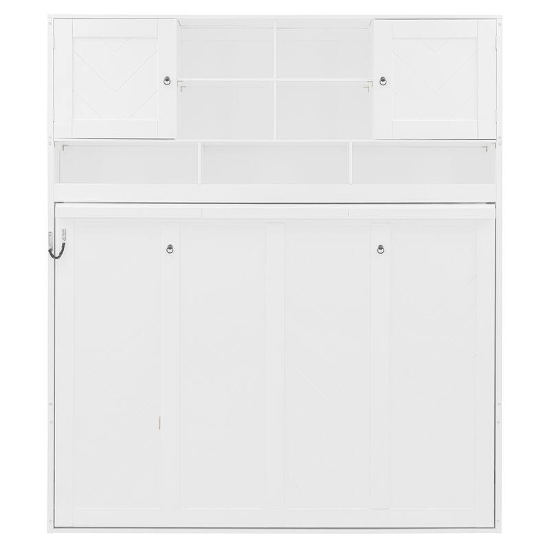 Queen Size Wall Murphy Bed with Storage and Chevron Stripes, White