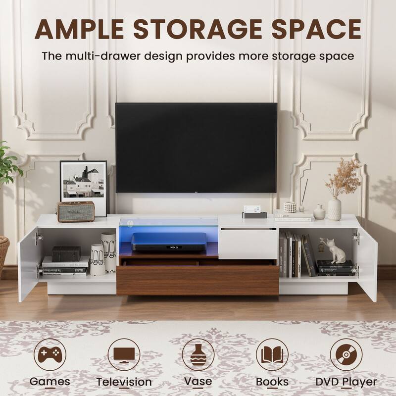 Meyreso 70.8" High Gloss TV Stand with LED Lights and Storage Drawers - 70 inches