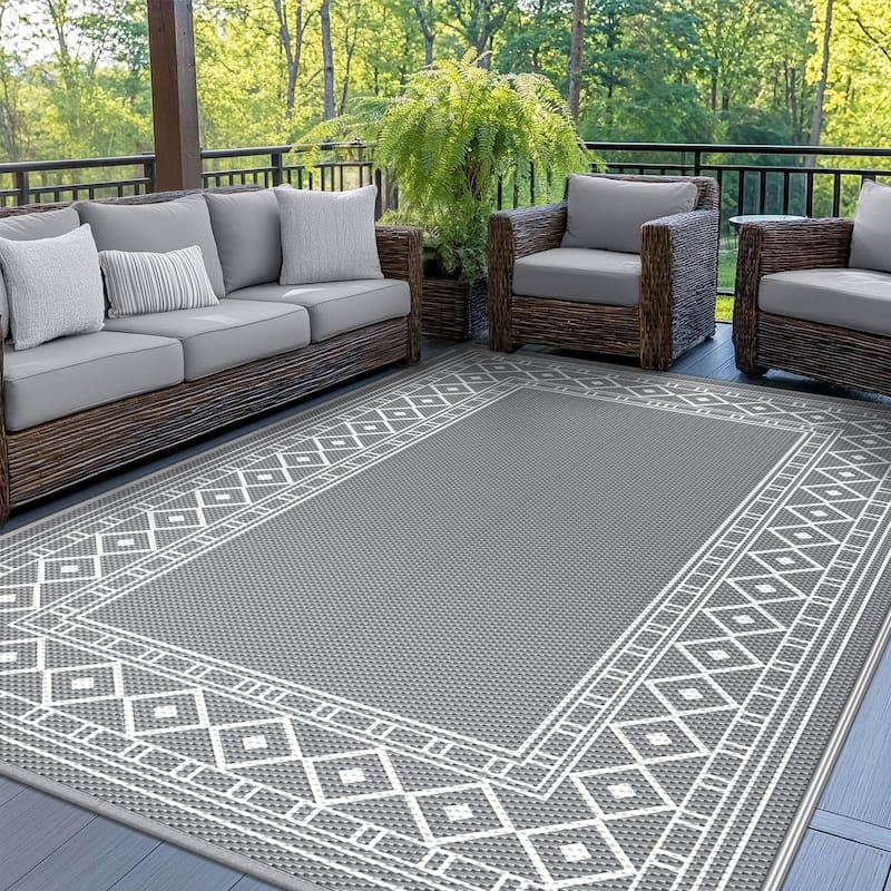 Mcow Geometric Frame Collection Waterproof Outdoor Area Rug - 6' x 9' - Grey/White - Rectangle