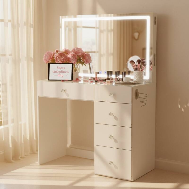 Boahaus Emilia Vanity Desk with Bluetooth Speakers & LED Mirror