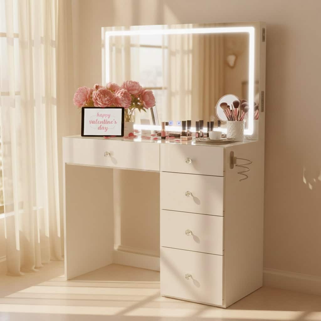 Boahaus Emilia Vanity Desk with Bluetooth Speakers & LED Mirror