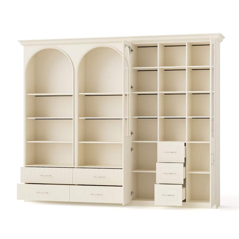 Modular Bookcase with LED Lights, Glass Door Storage Cabinet with Drawers, Large Display Shelving Unit Sideboard