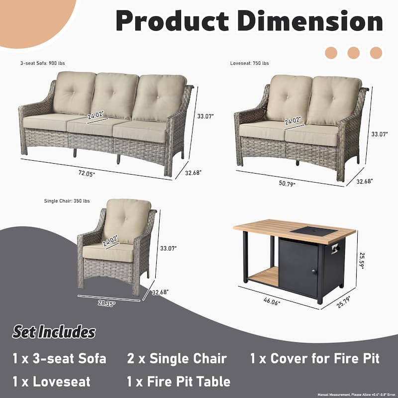 XIZZI 5-piece Patio Furniture Wicker Outdoor High Back Sofa Set with Fire Pit