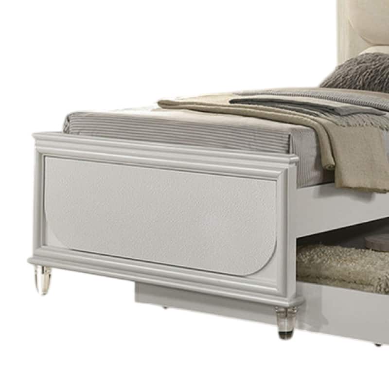 Dima Twin Bed, Upholstered Headboard w LED, Pearl White, Clear Legs