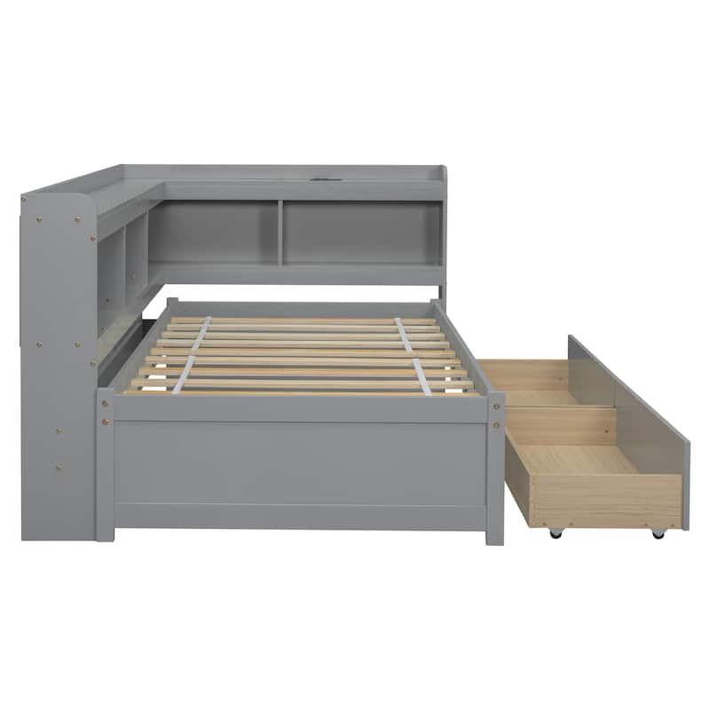 Corner Daybed Bookcases Bed with Power Outlets and Charging Ports, L-Shaped Storage Bed Frame Captains Bed with 2 Drawers