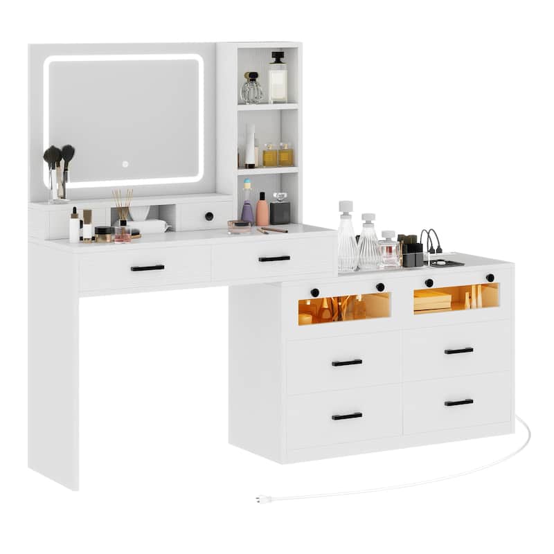 Moasis 64.9'' Makeup Vanity Desk Set with Drawers Storage Dresser & LED Lighted Mirror