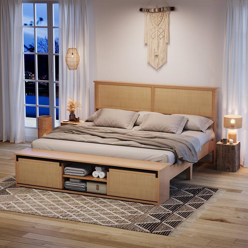 Natural Rattan King Size Bed Frame with Sliding Barn Door Storage Cabinets and Headboard