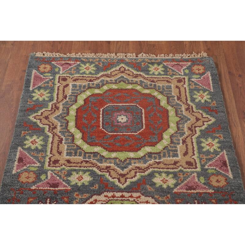 Geometric Grey Kazak Runner Rug Hand-Knotted Wool Carpet - 2'6"x 7'9"