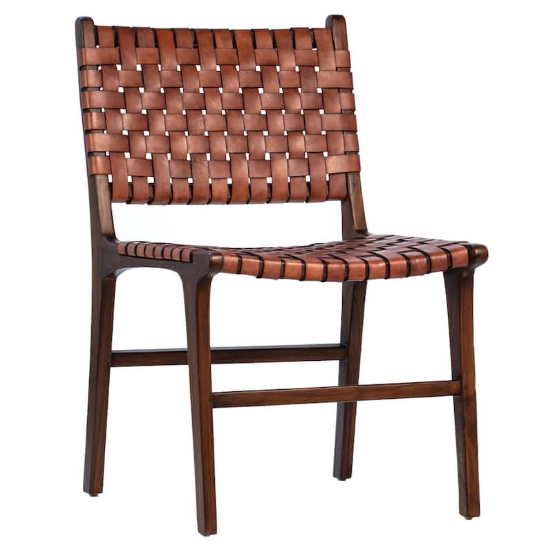 Maverick Top Grain Woven Leather with Teak Frame Dining Side Chair - Brown Leather with Brown Frame