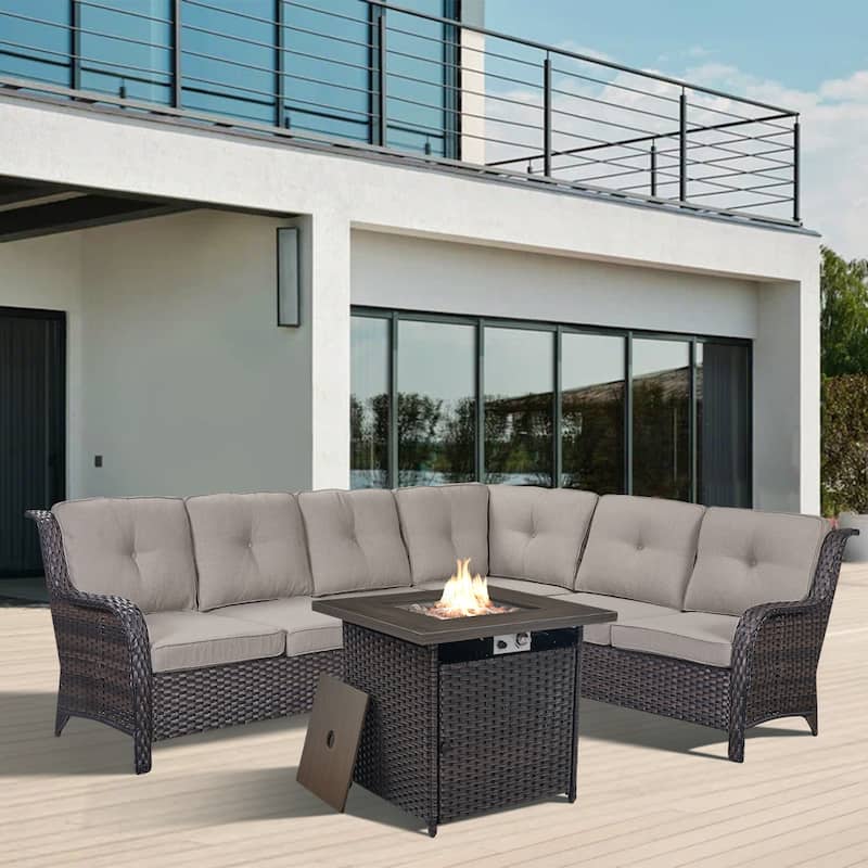 Gymojoy Wicker Outdoor Patio Furniture Sets with Fire Pit Table - Grey - Brown