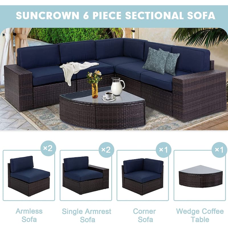 Suncrown Outdoor 6-piece Brown Rattan Sectional Sofa Set with Table