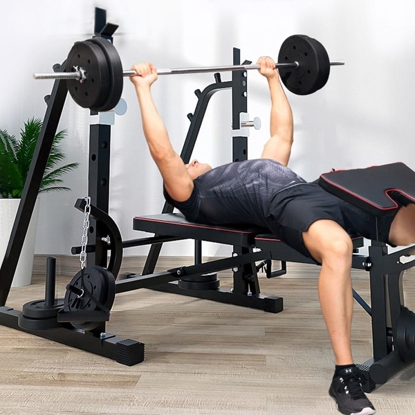 Weight bench with barbell rack sales