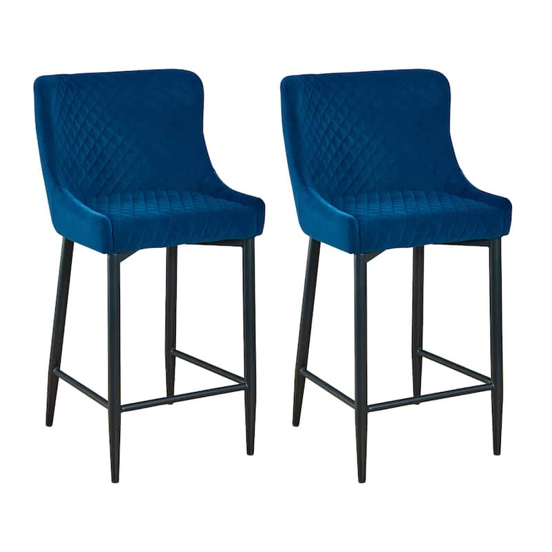 HomeRoots Set of Two 30" Blue and Black Velvet and Metal Low Back Bar Height Bar Chairs