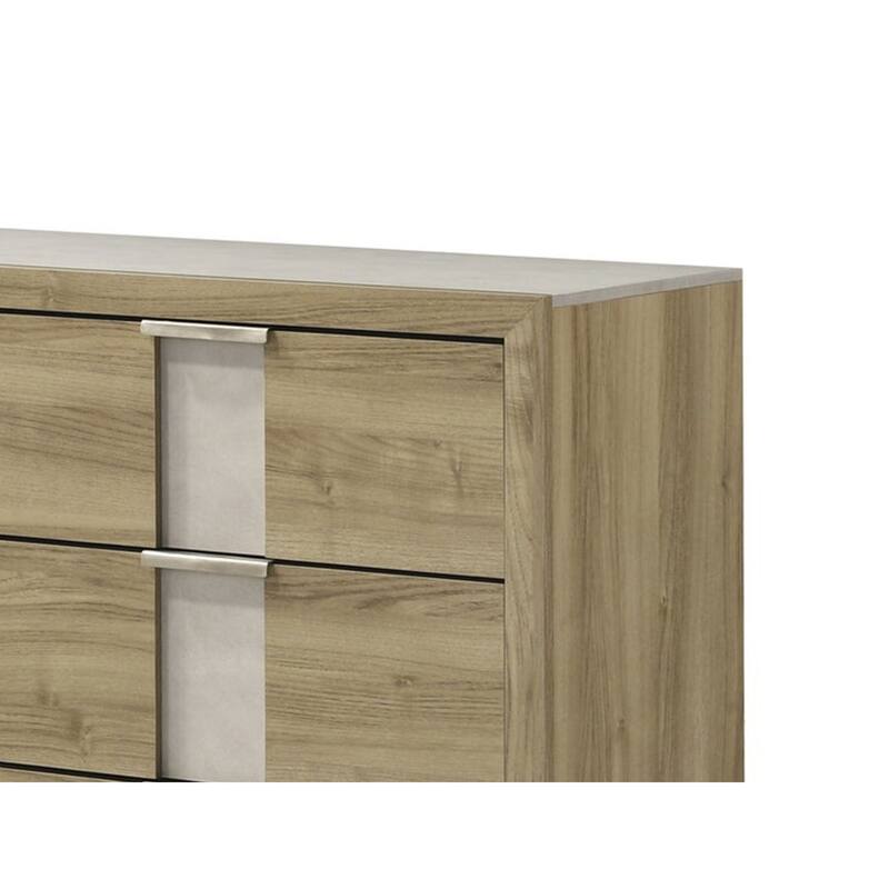 Amey Wide Dresser with 6 Drawers, White Trim, Driftwood Brown Finish