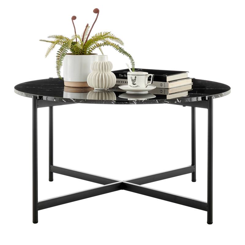 Round Contemporary Marble Finish Veneer Top Black Metal Large Coffee Table
