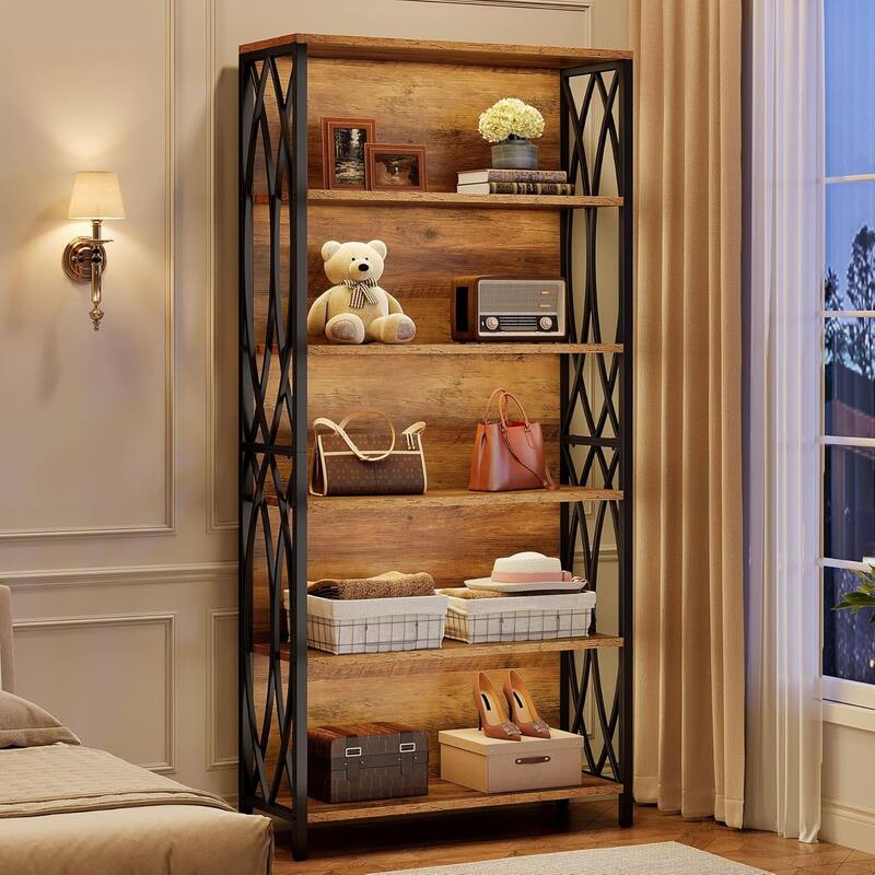 6-Tier Tall Bookshelf, 70.87" Industrial Bookcase with Geometric Metal Frame & Open Storage Shelves