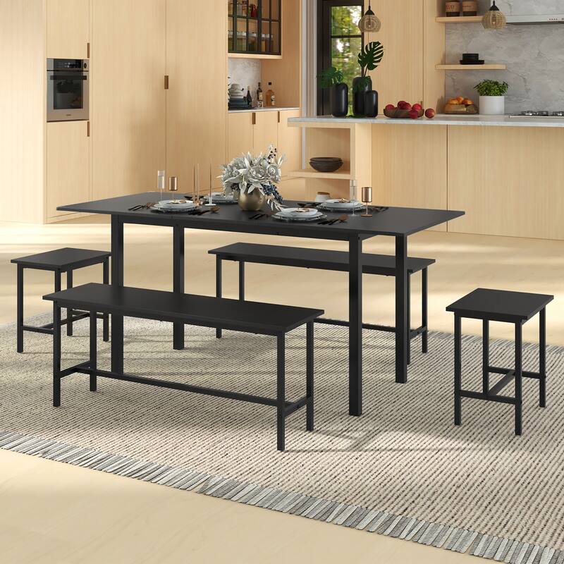 Gymax 5 PCS Dining Table Set for 4-6 w/ 2 Benches & 2 Stools Metal