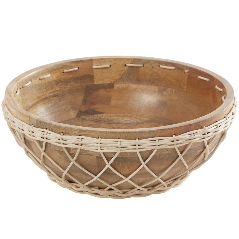 Mango Wood Handmade Decorative Bowl with Woven Rope Accents - Brown or Black - Roche River Decor