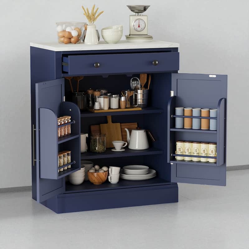 Freestanding Modern Kitchen Pantry with Faux Marble Top, 2 Adjustable Shelves, Drawer & 2 Door Shelves - Blue