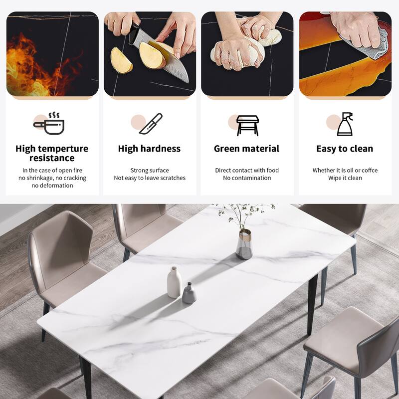 70.87" modern artificial stone white straight edge black metal leg dining table-can accommodate 6-8 people