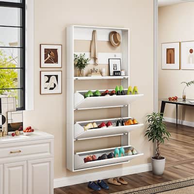 Moasis Wall-Mounted Shoe Cabinet with 3 Flip Drawers, Shoe Organizer with Hanging Bars and Hooks