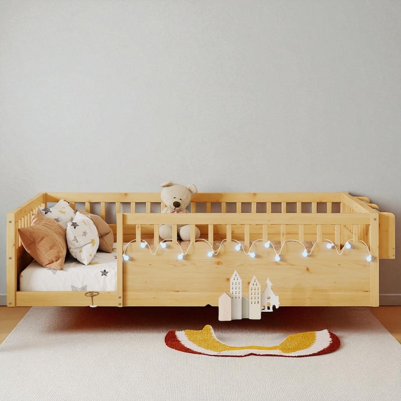Twin/Full Montessori Wooden Floor Bed with High Rails, LED Light, and Side Storage Shelf for Kids