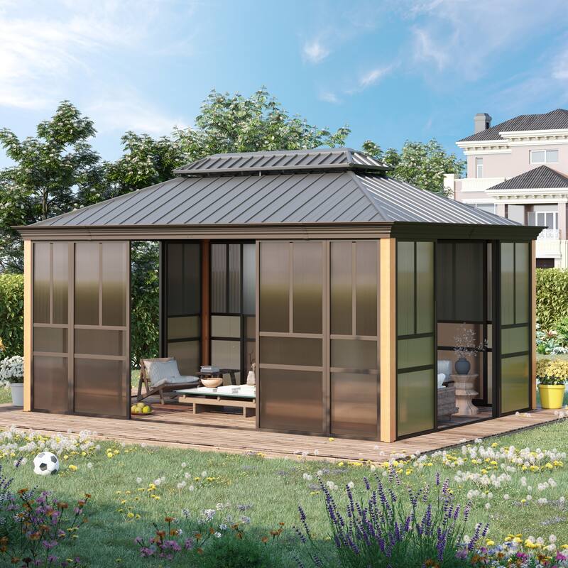 Outdoor Hardtop Sunroom Gazebo with Double Roof & Sliding Doors, All-Season Aluminum Outdoor Pergola, PE Screens&Lockable Design - 12' x 16'