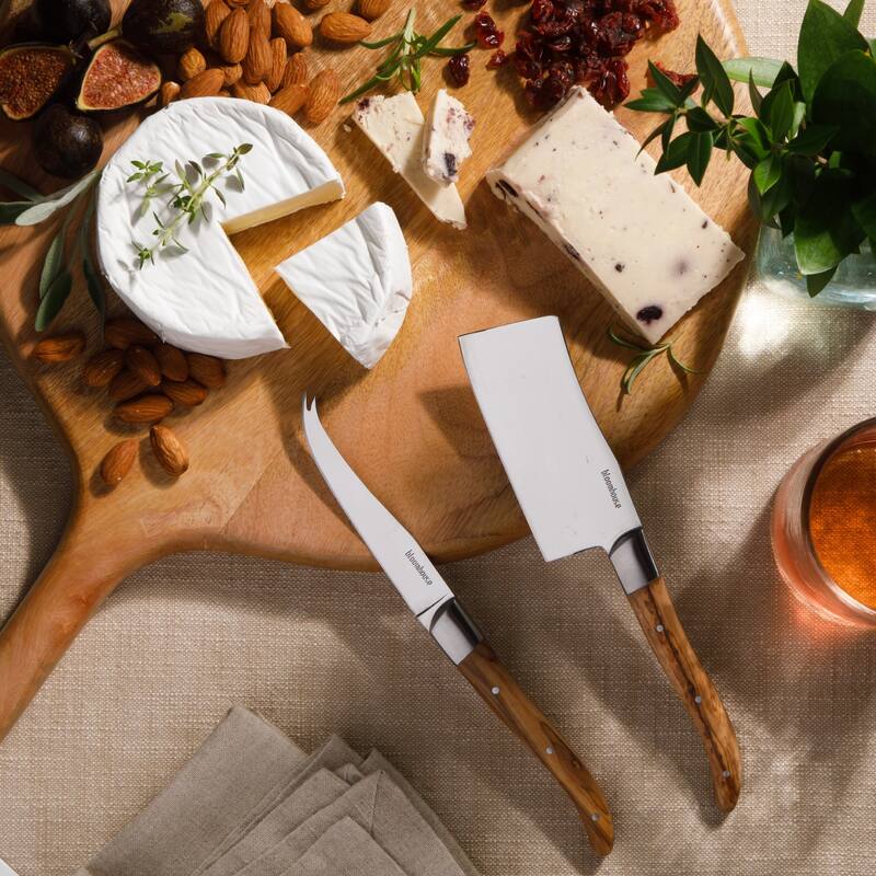 Bloomhouse 2-Piece German Steel Cheese Knife Set with Olive Wood Handles - Cheese Knives for Charcuterie & Entertaining