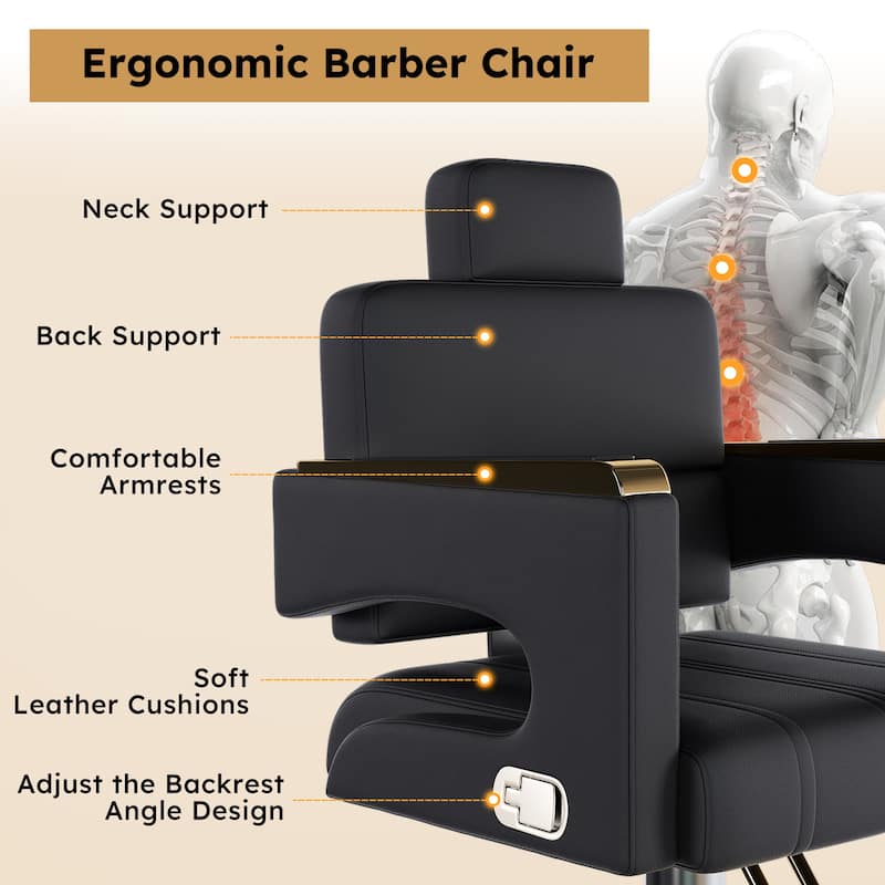 Roomfitters Hydraulic Barber Chair, Heavy Duty Reclining Salon Styling Chair with Gold Armrests, Black