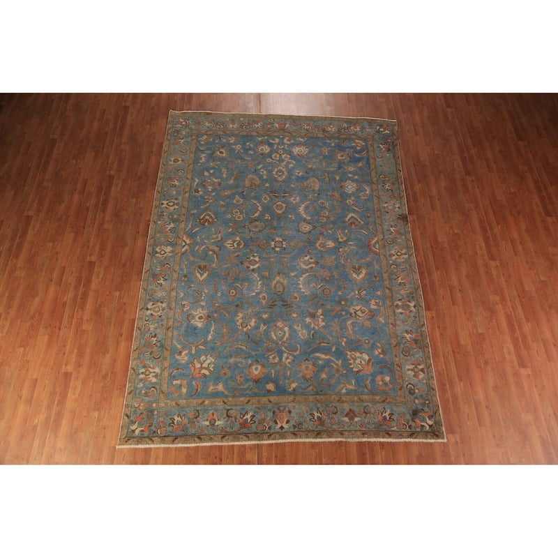 All-Over Floral Blue Tabriz Persian Area Rug Hand-Knotted Wool Carpet - 7'10"x 11'0"