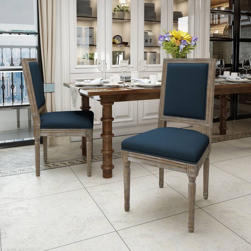 Traditional Style Dining Chairs with Weathered Wood Finish and Fabric Upholstered Seat, for Dining Rooms, Set of 2