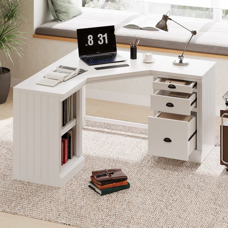 Modern White Executive Desk with Wide Desktop and Storage Shelves Three Drawers for Office