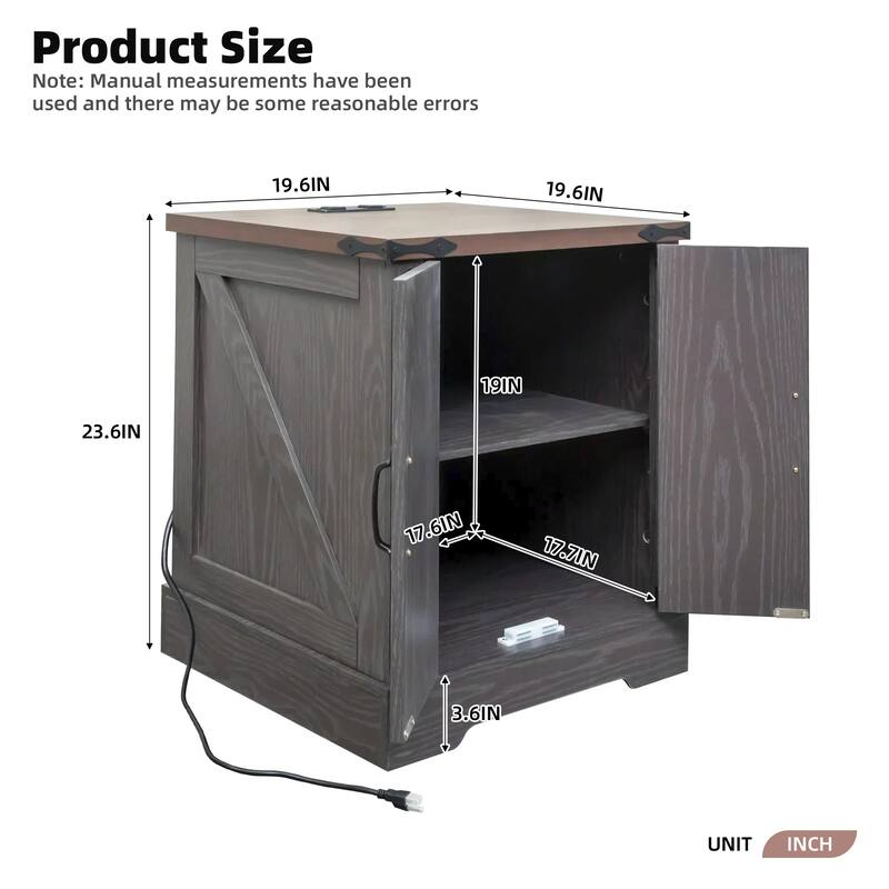 19.6" Rustic Grey End Table with Charging Station (2AC+2USB), Barn Doors & Adjustable Shelf